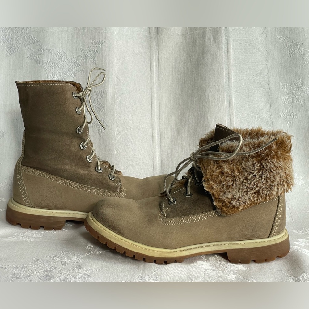 Timberland Womens 6.5 Fold Down Boots Booties Fur Lace Up 3758R Leather Nubuck